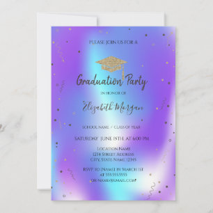  Stars Confetti Grad Cap Holographic Graduation  Invitation