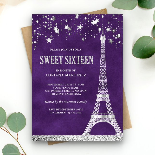 Stars Confetti Silver Eiffel Tower Purple Sweet 16 Invitation (Creator Uploaded)