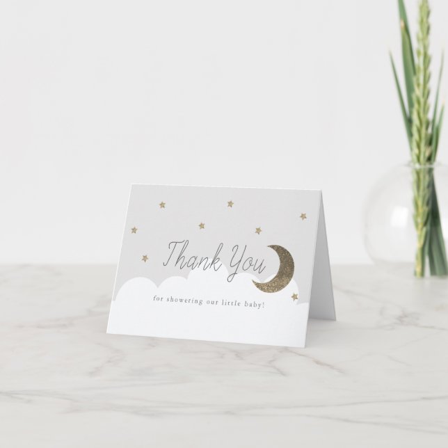 Stars & Crecsent Moon Baby Shower Gray Thank You Card (Front)
