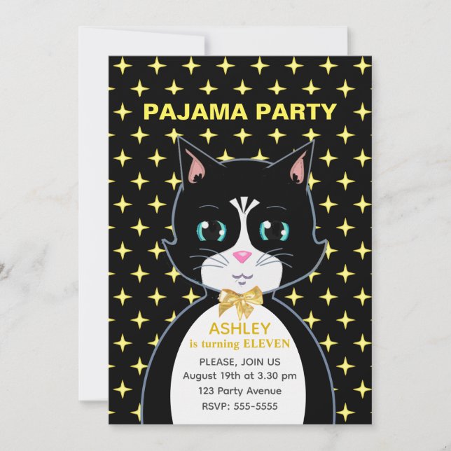 Stars & Cute Birthday Cat Pajama Party  Invitation (Front)