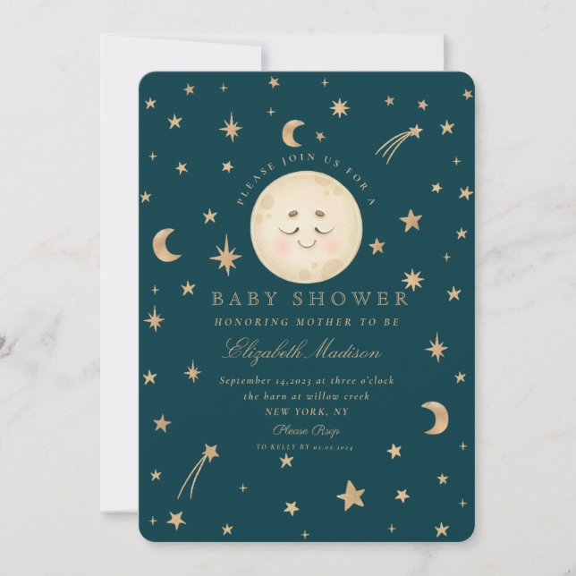Stars Cute Moon Golden Galaxy  Baby Shower  Invitation (Front)