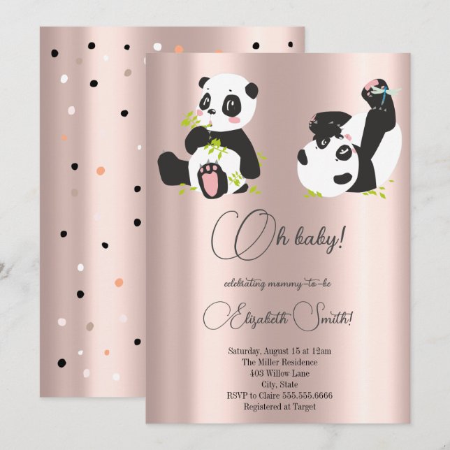 Stars, dots, cute pandas, baby shower invitation (Front/Back)
