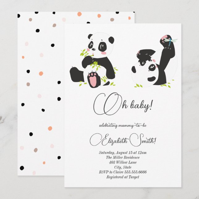Stars, dots, cute pandas, baby shower invitation (Front/Back)