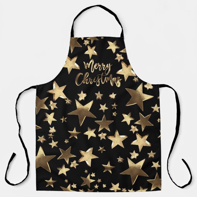 Stars Elegant Faux Gold Typography Merry Christmas Apron (Front)