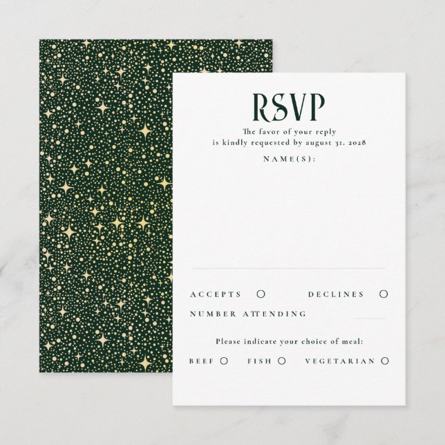 Stars Emerald Green and Gold Wedding RSVP Card (Front/Back)