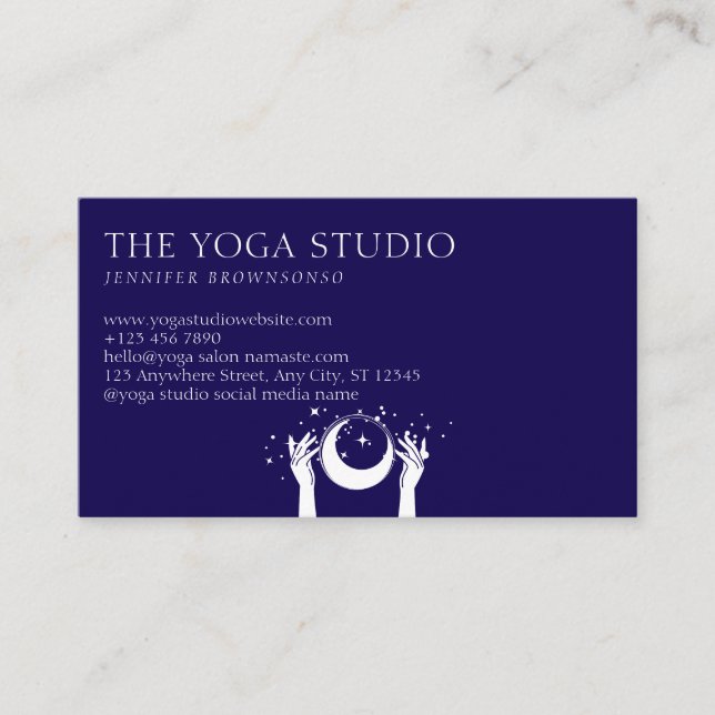 Stars Energy Hands Moon Spiritual Navy Business Card (Front)