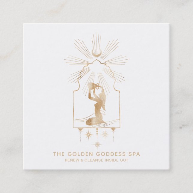 *~* Stars Golden Goddess Moon Bathing Urn Spa Square Business Card (Front)