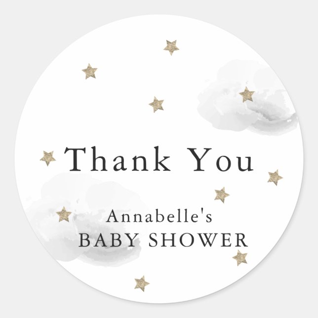 Stars & Grey Clouds Baby Shower Thank You Classic Round Sticker (Front)
