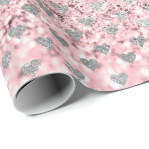 Stars Hearts Confetti Silver Grey Glitter Pink Wrapping Paper