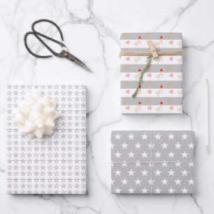Stars & Hearts on Silver Grey and White Wrapping Paper Sheet