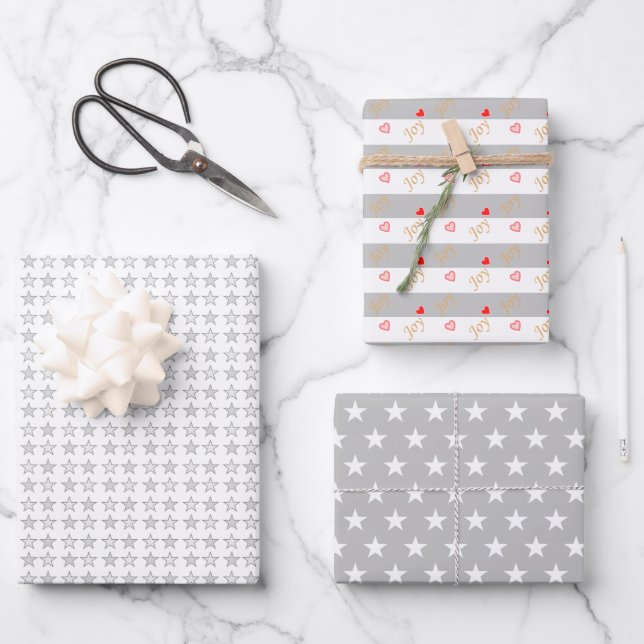Stars & Hearts on Silver Grey and White Wrapping Paper Sheet (Front)