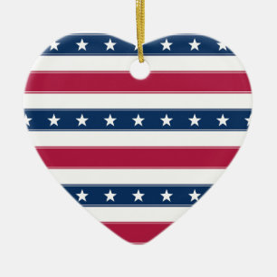 Stars & Horizontal Stripes Patriotic Heart Ceramic Ornament