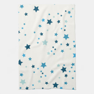 Stars in multiple shades of blue on white tea towel