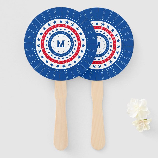 Stars in Red, White, and Blue with Monogram Hand Fan (Front and Back)