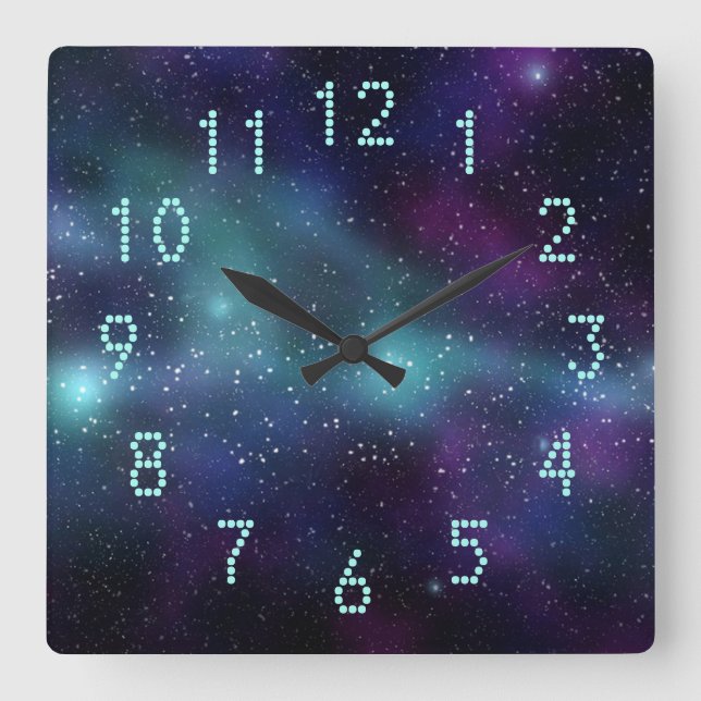 Stars in Space Purple Blue Green Dotted Numbers Square Wall Clock (Front)