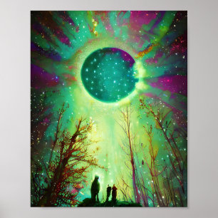 Stars moon and northern lights poster