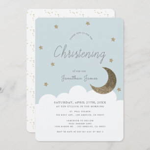 Stars & Moon Baby Blue Boy Christening Invitation