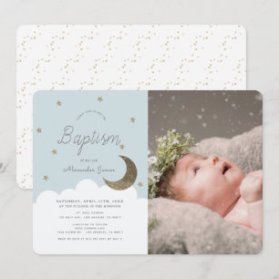Stars & Moon Baby Blue Boy Photo Baptism Invitation