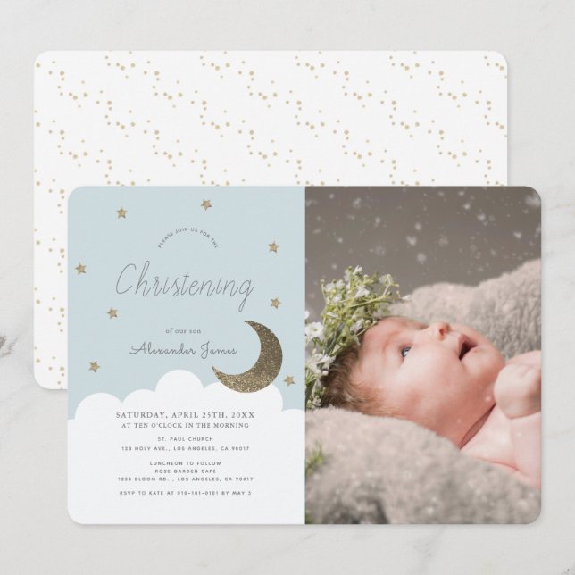 Stars & Moon Baby Blue Boy Photo Christening Invitation (Front/Back)
