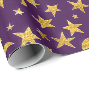 Stars Moon Black Sky Black Gold Purple Lavender Wrapping Paper