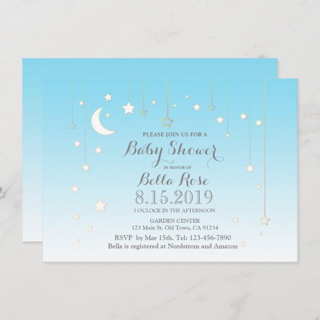Stars moon blue boy baby shower invitation (Front/Back)