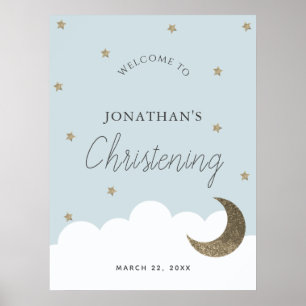 Stars & Moon Blue Boy Christening Welcome Sign