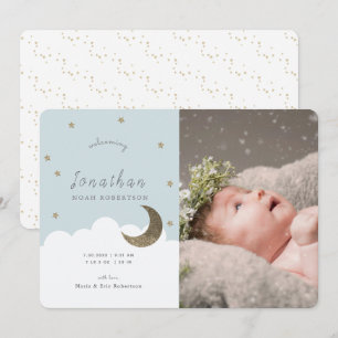 Stars & Moon Blue Boy Photo Birth Announcement