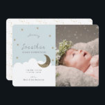 Stars & Moon Blue Boy Photo Birth Announcement<br><div class="desc">This cute baby boy's photo birth announcement features a light blue background with faux gold glitter stars,  the crescent moon,  and white clouds. The reverse side features a white background faux gold random dot patterns. Personalise for your needs. You can find more matching products at my store.</div>