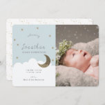 Stars & Moon Blue Boy Photo Birth Announcement<br><div class="desc">This cute baby boy's photo birth announcement features a light blue background with faux gold glitter stars,  the crescent moon,  and white clouds. The reverse side features a white background faux gold random dot patterns. Personalise for your needs. You can find more matching products at my store.</div>