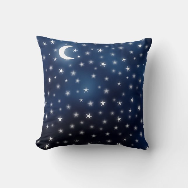 Stars Moon Blue Night Sky Dream White Navy Cushion (Front)