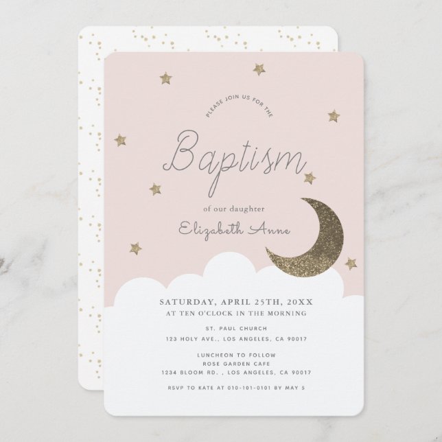Stars & Moon Blush Pink Girl Baptism Invitation (Front/Back)