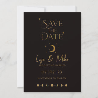 Stars & Moon Celestial Save the Date, Black & Gold Invitation