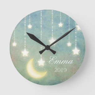 Stars Moon Celestial Shiny Glowing Lights Round Clock