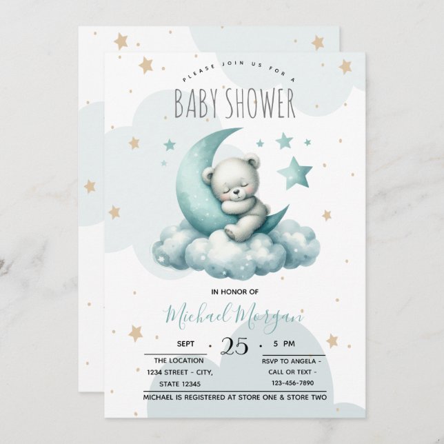 Stars Moon Clouds Green Teddy Bear Baby Shower Invitation (Front/Back)