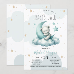 Stars Moon Clouds Green Teddy Bear Baby Shower Invitation