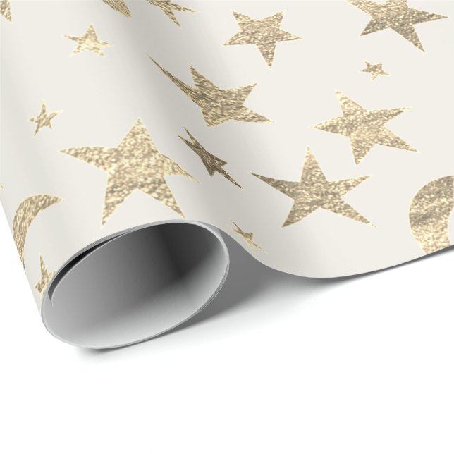 Stars Moon Ivory Creamy Gold Metal Sky Champaign Wrapping Paper (Roll Corner)