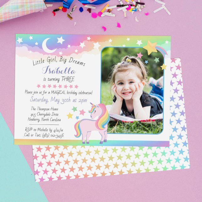 Stars & Moon Rainbow Sky Unicorn Birthday Photo Invitation (Creator Uploaded)