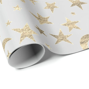 Stars Moon Silver Grey Gold Metallic Sky Champaign Wrapping Paper