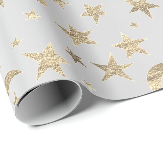Stars Moon Silver Grey Gold Metallic Sky Champaign Wrapping Paper (Roll Corner)