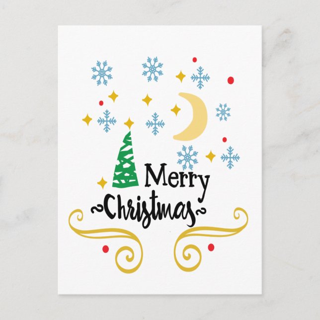 Stars, Moon, Snowflakes, and Merry Christmas, ZSSG Holiday Postcard (Front)