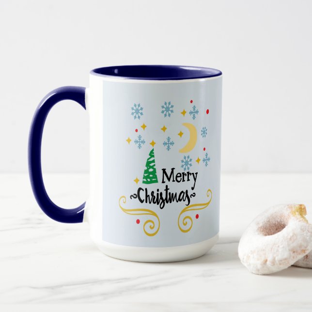 Stars, Moon, Snowflakes, and Merry Christmas, ZSSG Mug (With Donut)