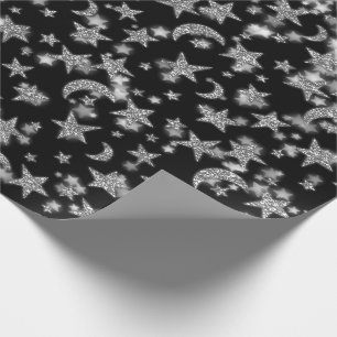 Stars Moon Spark Night Galaxy Black Silver Grey Wrapping Paper