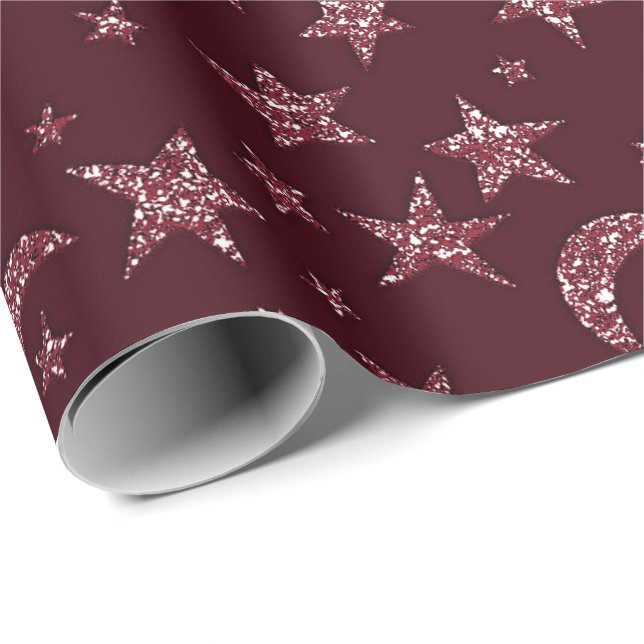Stars Moon Sparkly Burgundy Glitter Night Wrapping Paper (Roll Corner)