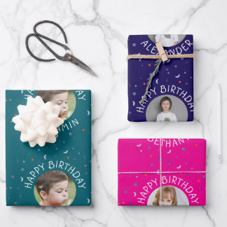 Stars Moon Sun Wrapping Paper Flat Sheet Set of 3