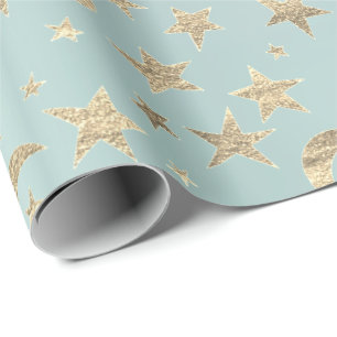 Stars Moon Tiffany Aqua Gold Metal Sky Champaign Wrapping Paper