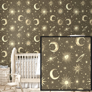 Stars Moons Space Theme on Brown Wallpaper