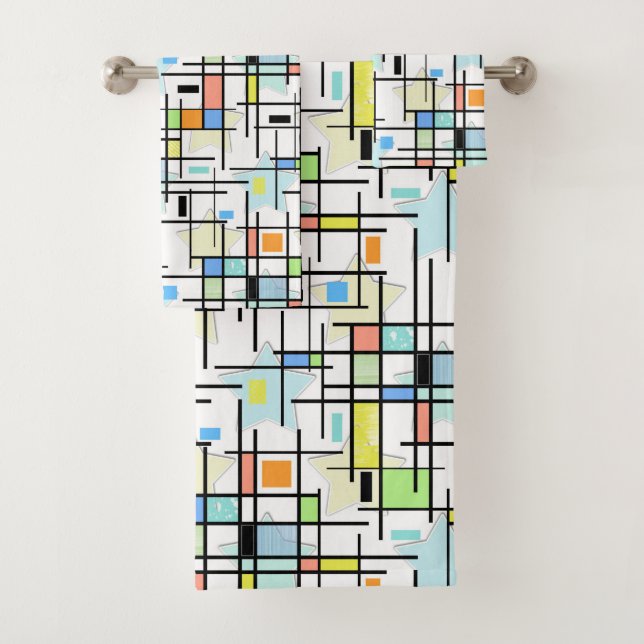 Stars on a chequered background. bath towel set (Insitu)