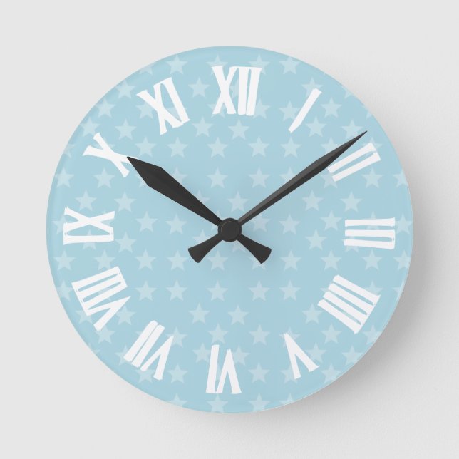 Stars on Blue Monogram or Name Custom Round Clock (Front)