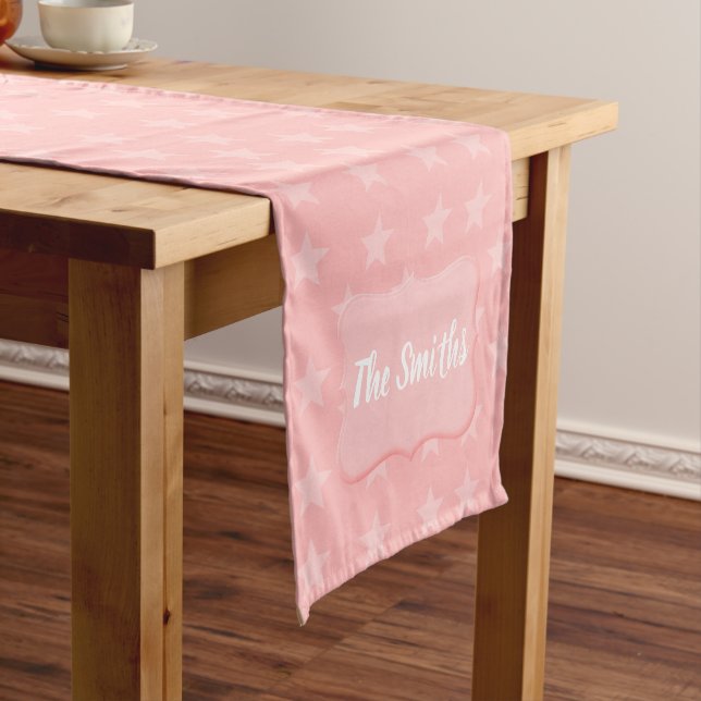 Stars on Pink Monogram or Name Custom Short Table Runner (In Situ)