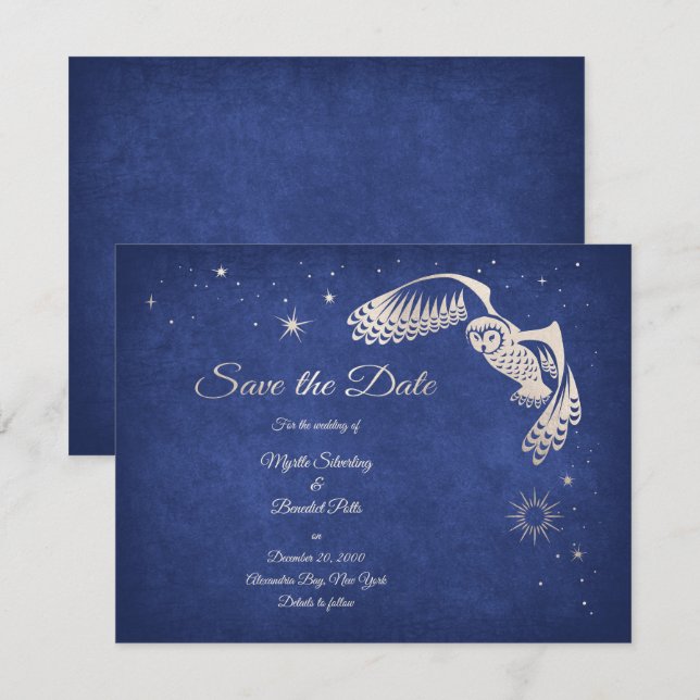Stars Owl Blue Wizard Magic Wedding Save The Date (Front/Back)